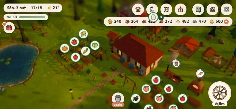 A tela do jogo no celular deitado, no fim da tarde: o dia e a hora no alto, os recursos, a horta cercada com os balões de colheita, a casa e a roda de Ações no canto.